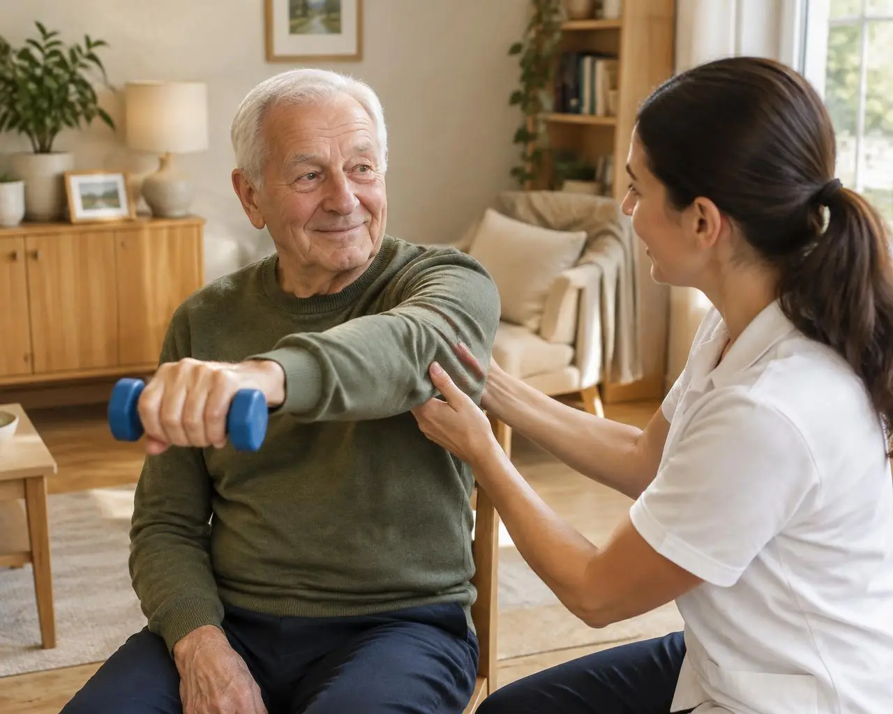 Idoso realizando exercício de fisioterapia acompanhado (imagem ilustrativa)