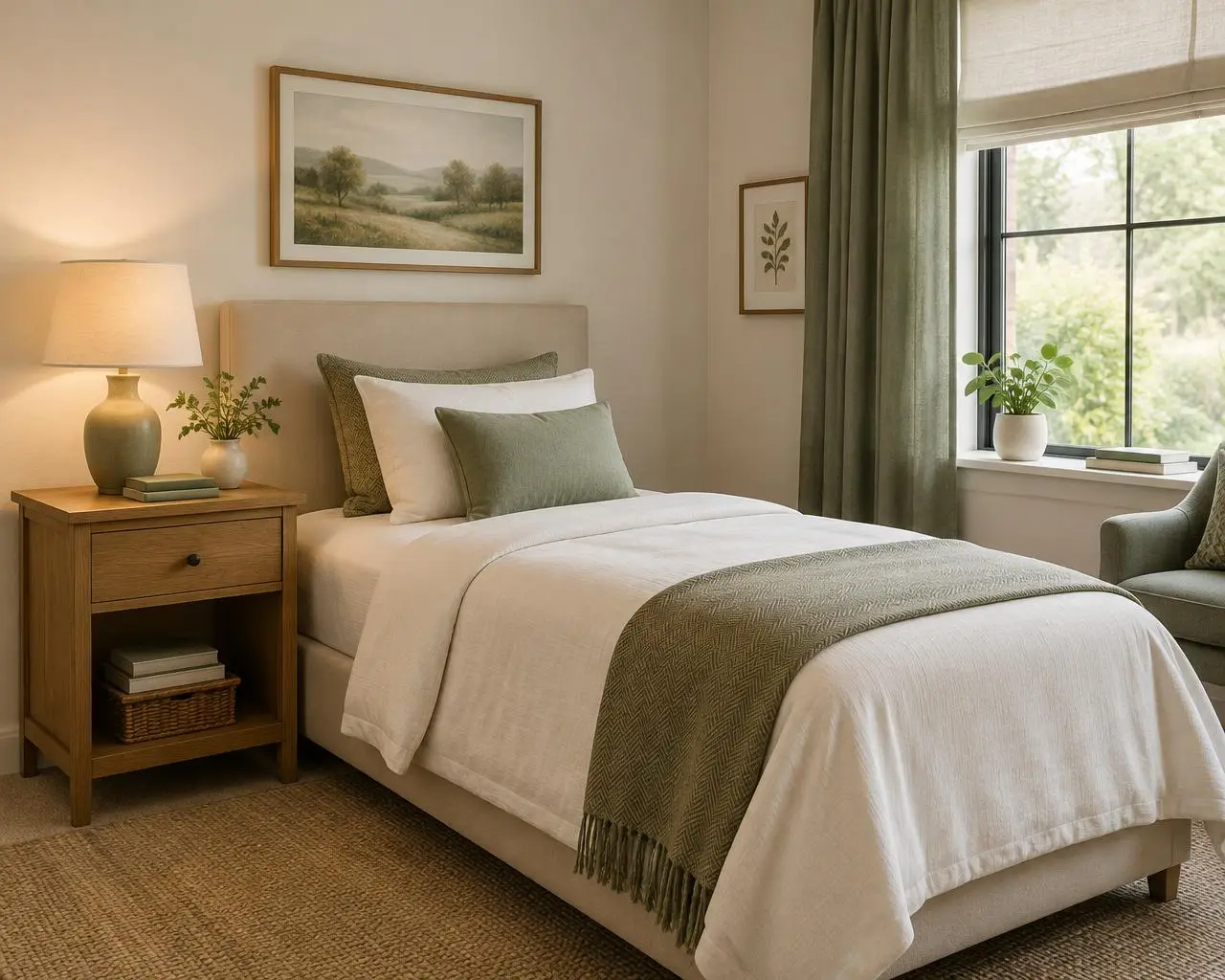 Quarto aconchegante com cama arrumada e luz natural (imagem ilustrativa)